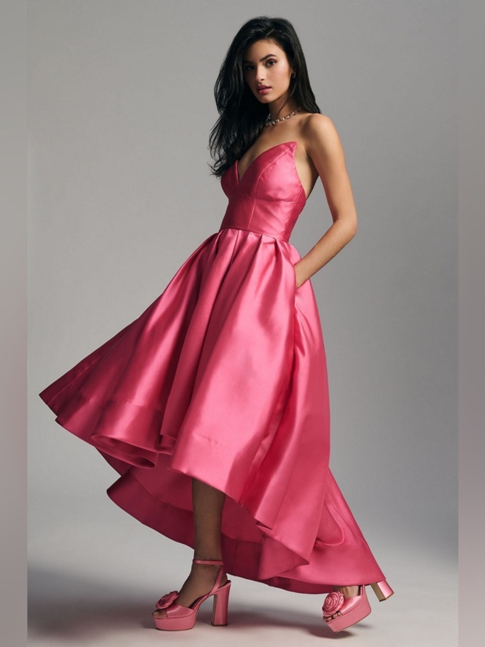 NWT Hutch Anthropologie Sabrina Strapless High-Low Pleated Pink Satin Gown 16P